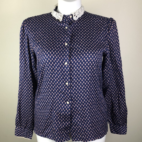 Porteous Button Front Blouse Crochet Lace Collar Paisley Print - Picture 1 of 15